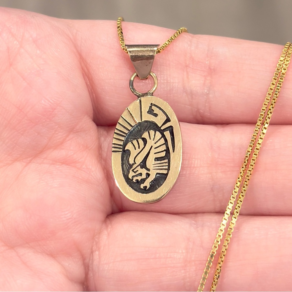 Vintage Native Eagle Sterling 14K Pendant, Navajo Aztec Style Piece - Picture 4 of 16